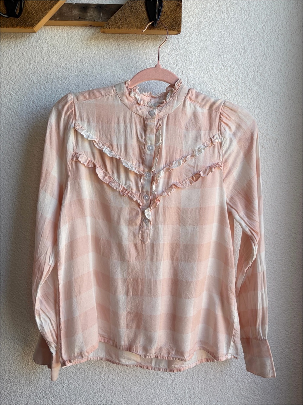 Lucky Pink Checkered Ruffle Prairie Blouse XS